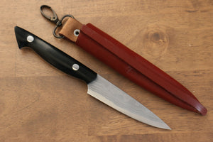 野村 白鋼 ダマスカス ハンターナイフ 和包丁 100mm 黒マイカルタ柄 鞘付き - 清助刃物