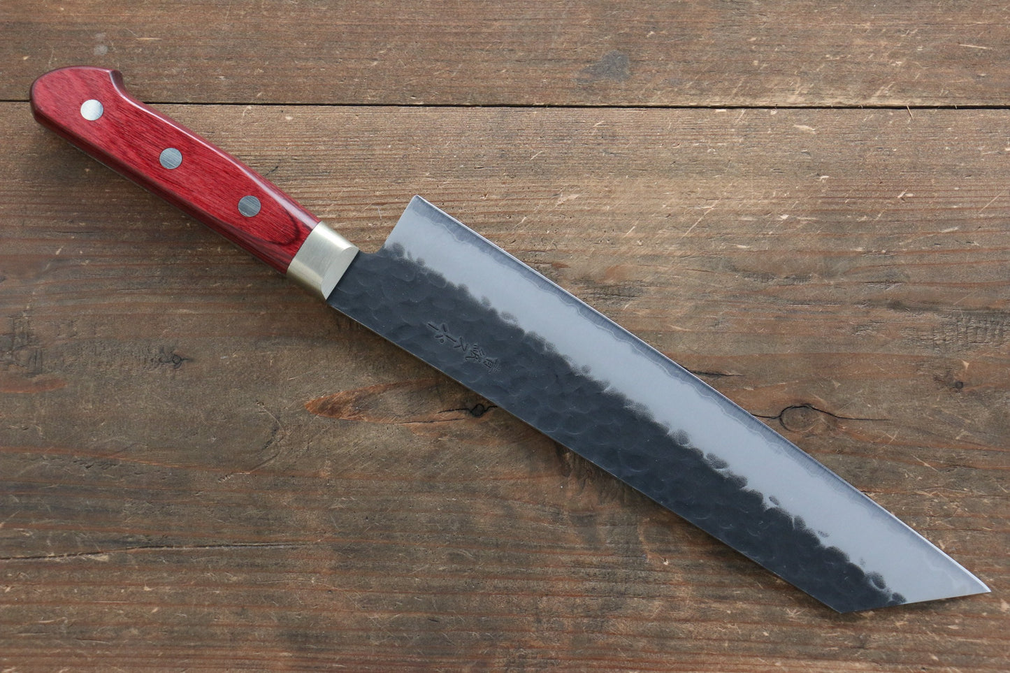清助 黒紅 青スーパー鋼 鎚目 黒打 切付牛刀包丁  210mm 赤合板柄 - 清助刃物