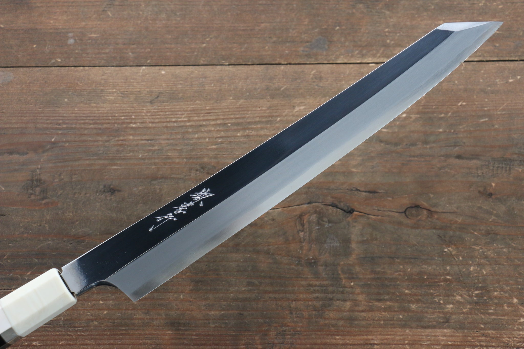 堺 孝行 飛燕 銀三鋼 鏡面仕上げ 切付柳刃包丁  300mm 両側リング付き黒檀柄 鞘付き - 清助刃物