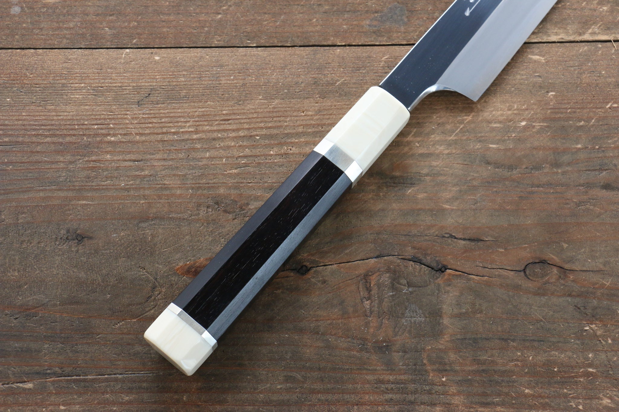 堺 孝行 飛燕 銀三鋼 鏡面仕上げ 切付柳刃包丁  300mm 両側リング付き黒檀柄 鞘付き - 清助刃物