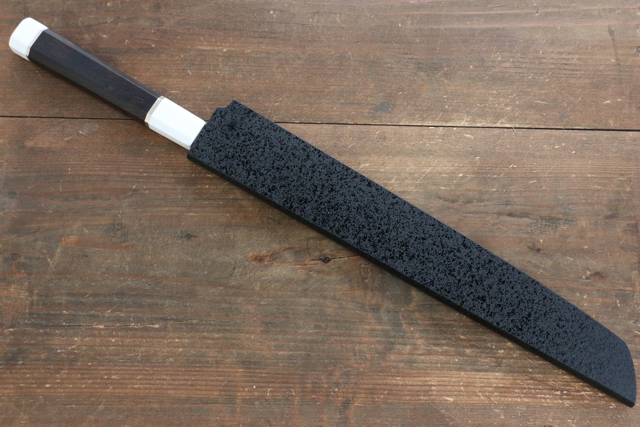 堺 孝行 本焼 青ニ鋼 鏡面仕上げ 先丸蛸引包丁  300mm リング付き黒檀柄 鞘付き - 清助刃物