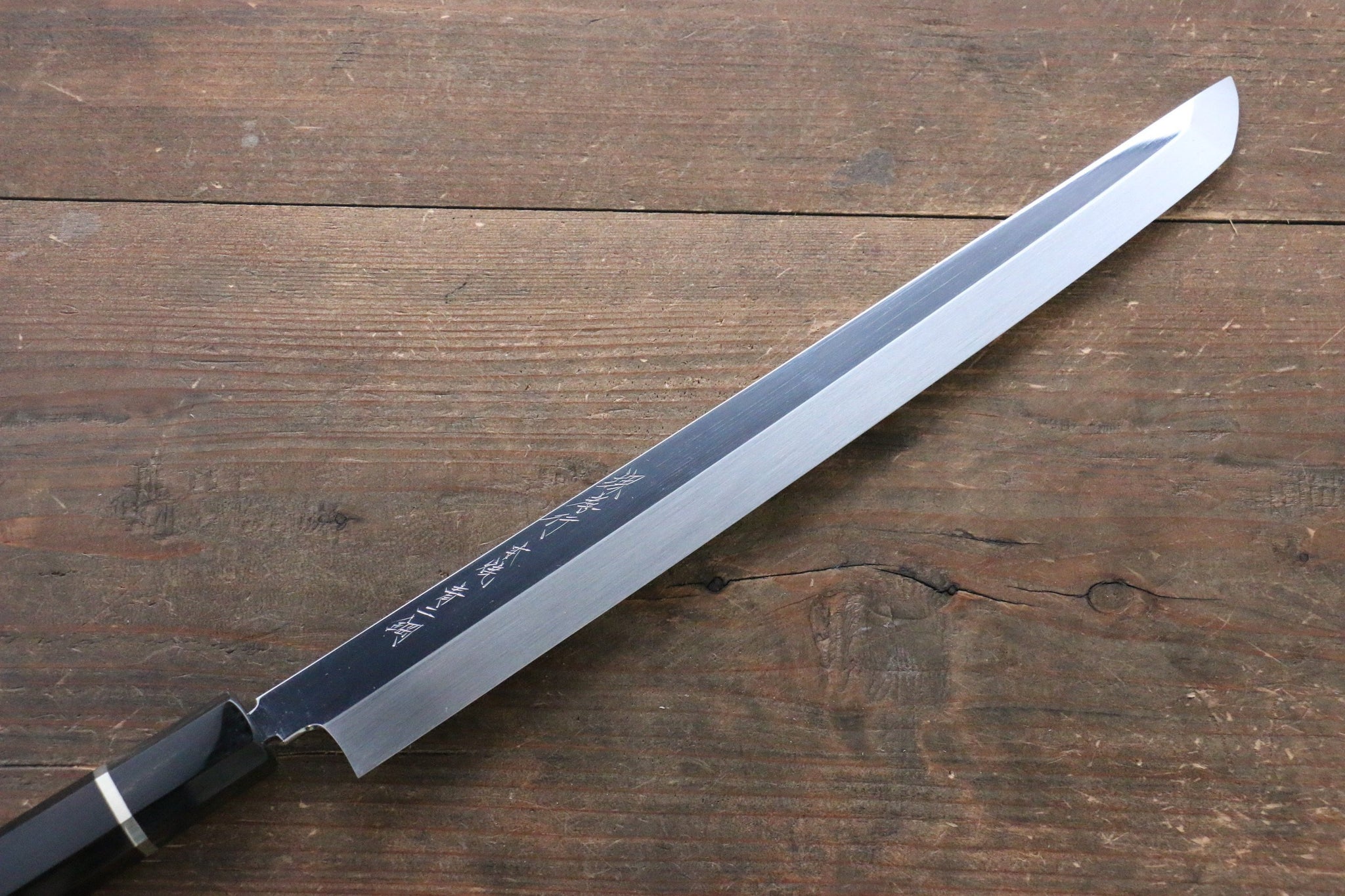 堺 孝行 本焼 青ニ鋼 鏡面仕上げ 先丸蛸引包丁  300mm リング付き黒檀柄 鞘付き - 清助刃物