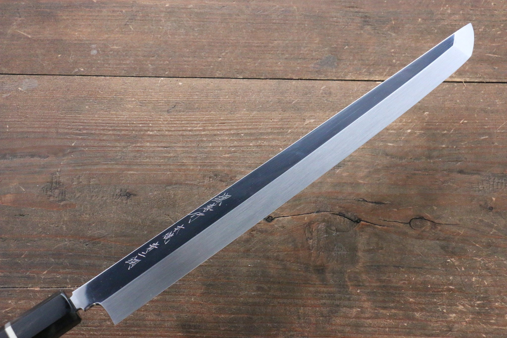 堺 孝行 本焼 青ニ鋼 鏡面仕上げ 先丸蛸引包丁  300mm リング付き黒檀柄 鞘付き - 清助刃物