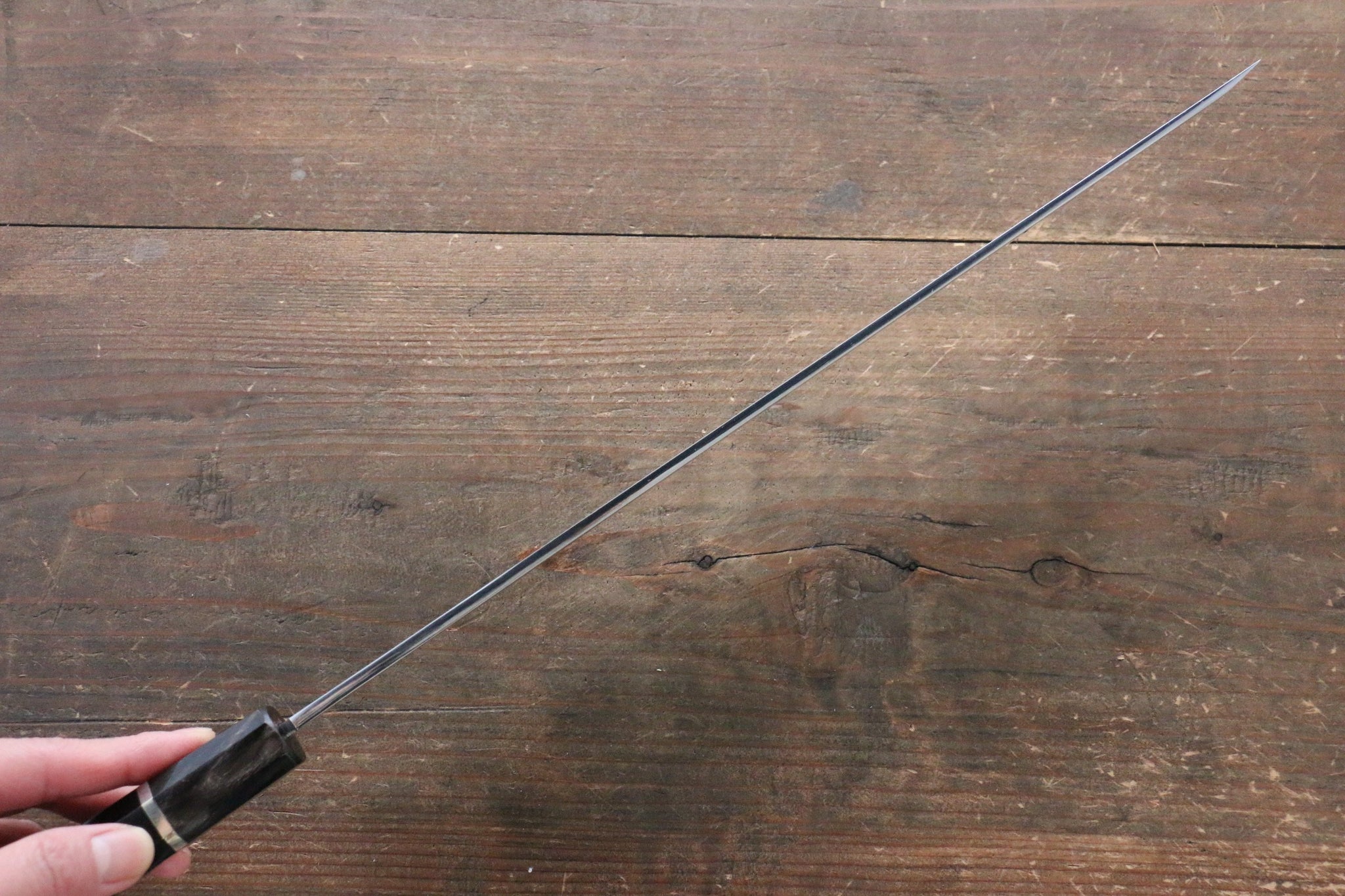 堺 孝行 本焼 青ニ鋼 鏡面仕上げ 先丸蛸引包丁  300mm リング付き黒檀柄 鞘付き - 清助刃物