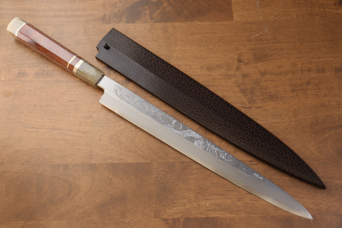 堺 孝行 天龍 うずしお 青ニ鋼 ドラゴンの彫刻入り 柳刃包丁 和包丁 300mm 赤黒檀柄 鞘付き