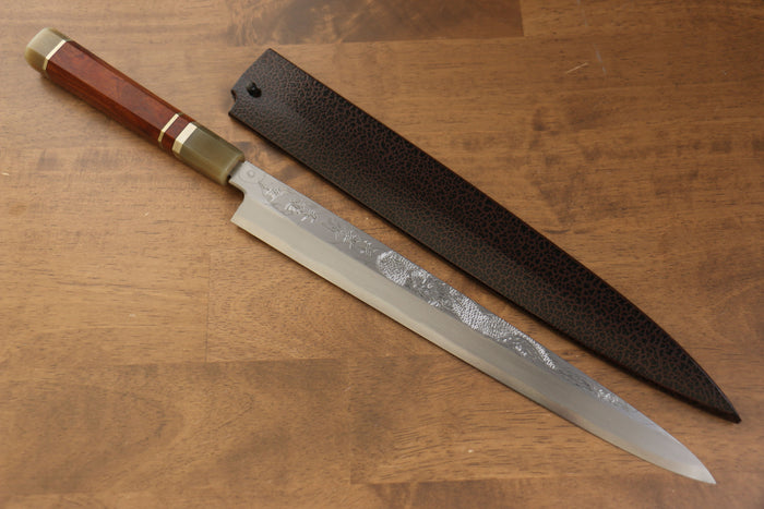 堺 孝行 天龍 うずしお 青ニ鋼 ドラゴンの彫刻入り 柳刃包丁 和包丁 300mm 赤黒檀柄 鞘付き