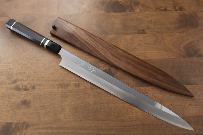 黒崎 優 青ニ鋼 鏡面仕上げ 柳刃包丁  330mm 黒檀(両側水牛リング付き）柄 鞘付き