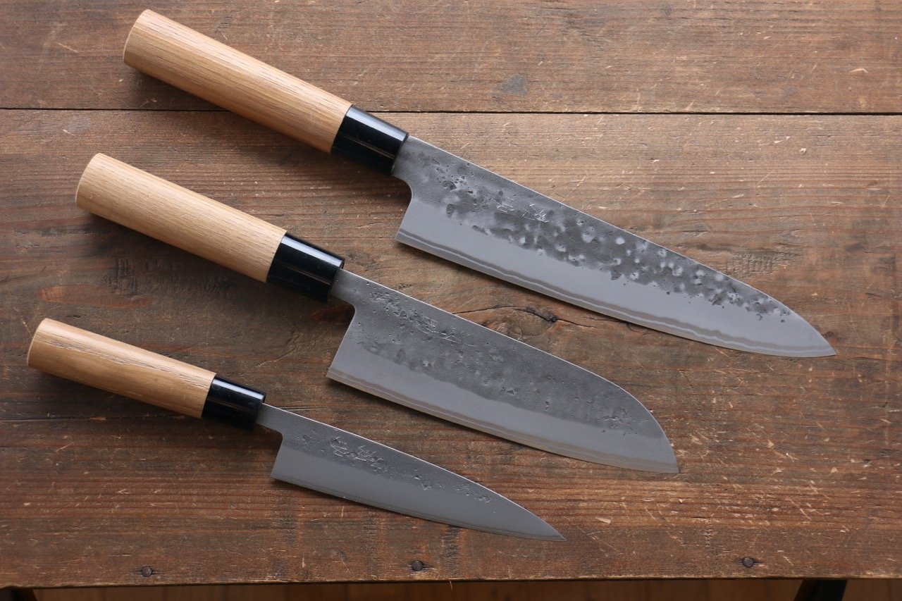 Seisuke Blue Steel No.2 Nashiji Gyuto, Santoku, Petty Japanese Chef Knives Set - 清助刃物
