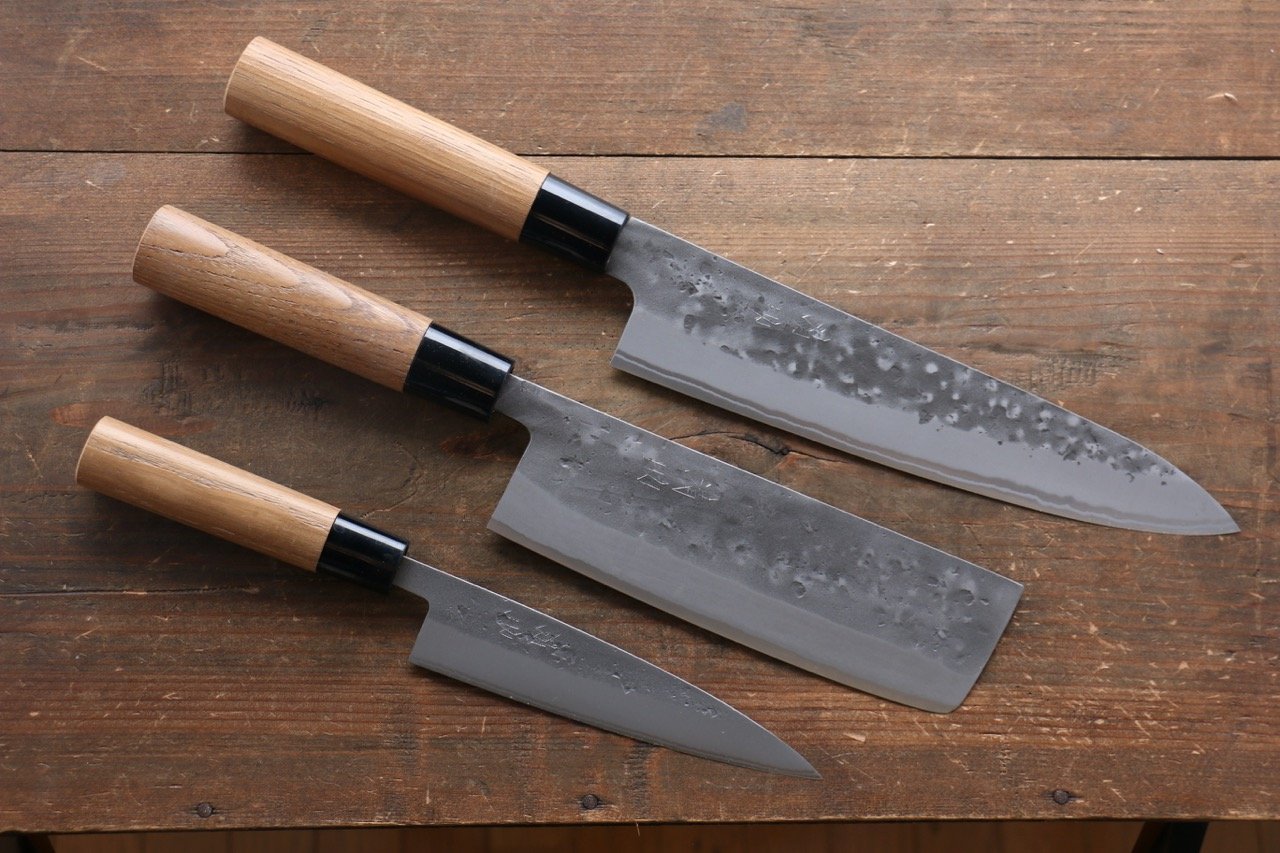 Seisuke Blue Steel No.2 Nashiji Gyuto, Nakiri, Petty Japanese Chef Knives Set - 清助刃物