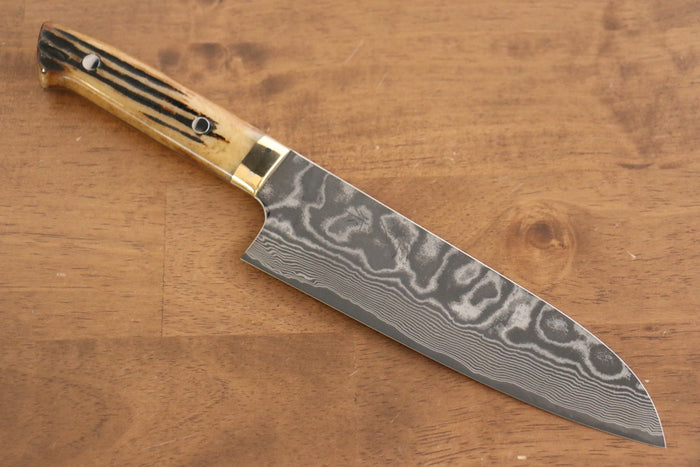 佐治 武士 V金10号 黒ダマスカス 三徳包丁  180mm 茶牛骨柄