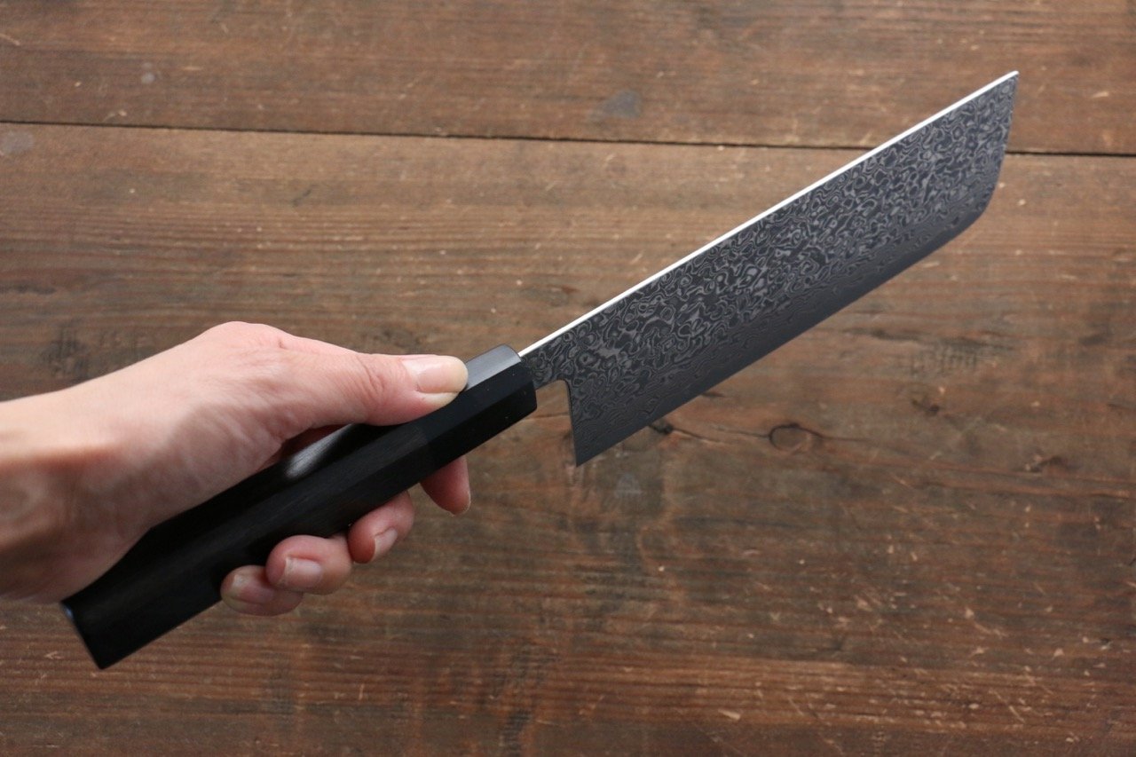 Yoshimi Kato VG10 Nickel Damascus Nakiri Japanese Chef Knife 165mm with Black Lacquered Handle with Saya - 清助刃物