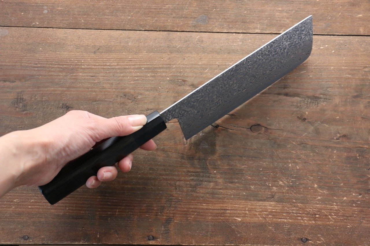 Yoshimi Kato VG10 Nickel Damascus Nakiri Japanese Chef Knife 165mm with Black Lacquered Handle with Saya - 清助刃物