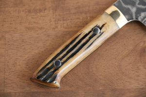 佐治 武士 V金10号 黒ダマスカス 三徳包丁  180mm 茶牛骨柄 - 清助刃物