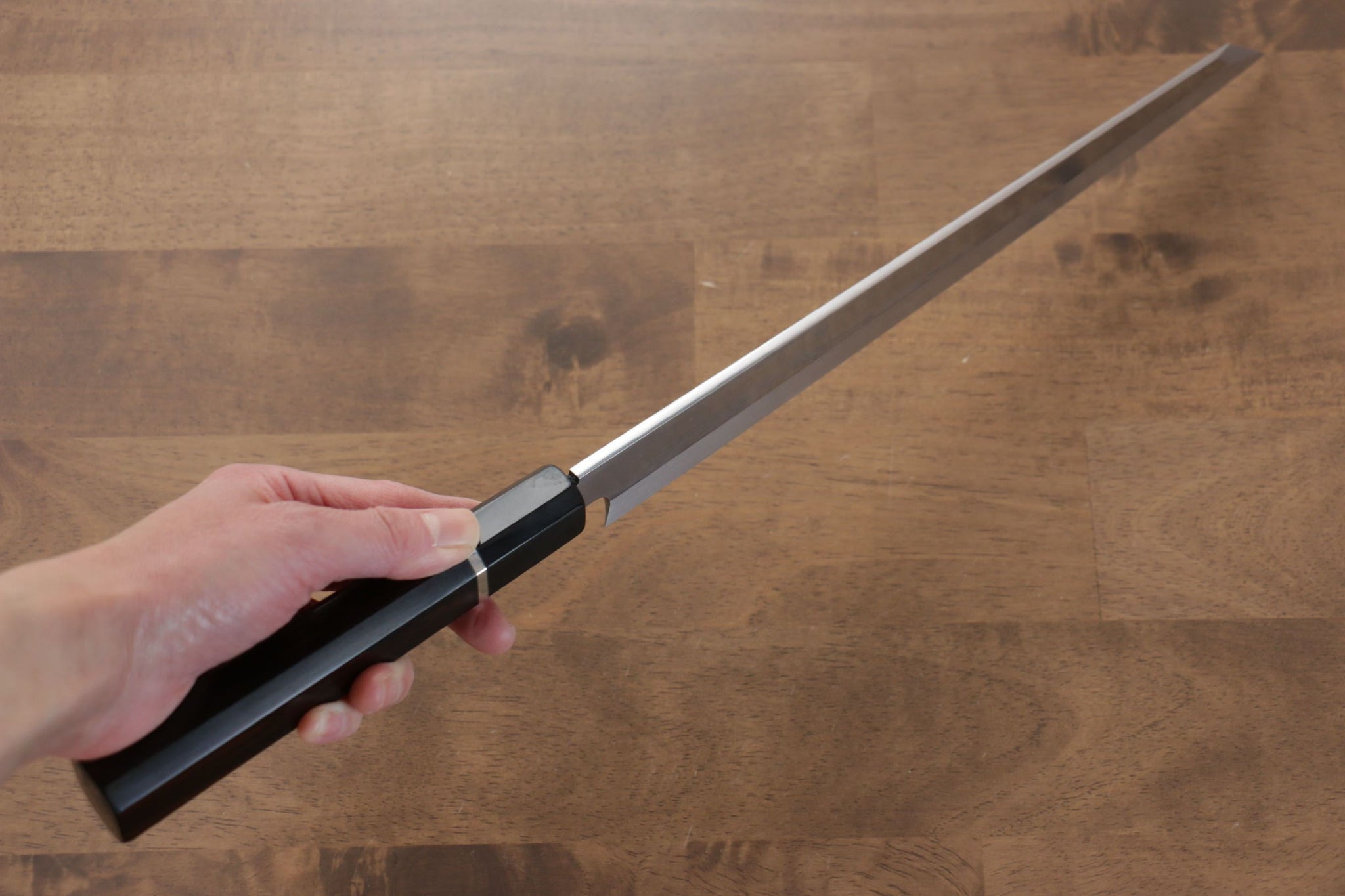 堺 孝行 富士山 本焼 白ニ鋼 鏡面仕上げ 切付柳刃包丁  300mm リング付き黒檀柄 鞘付き - 清助刃物