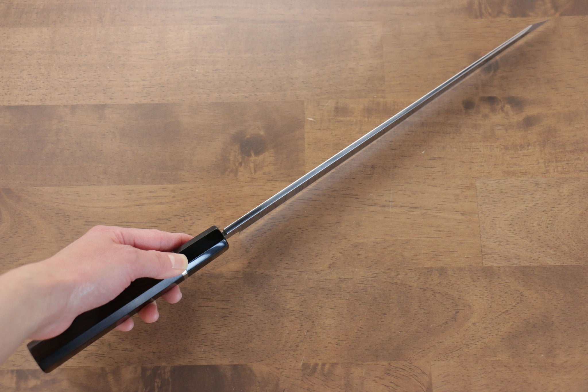 堺 孝行 富士山 本焼 白ニ鋼 鏡面仕上げ 切付柳刃包丁  300mm リング付き黒檀柄 鞘付き - 清助刃物