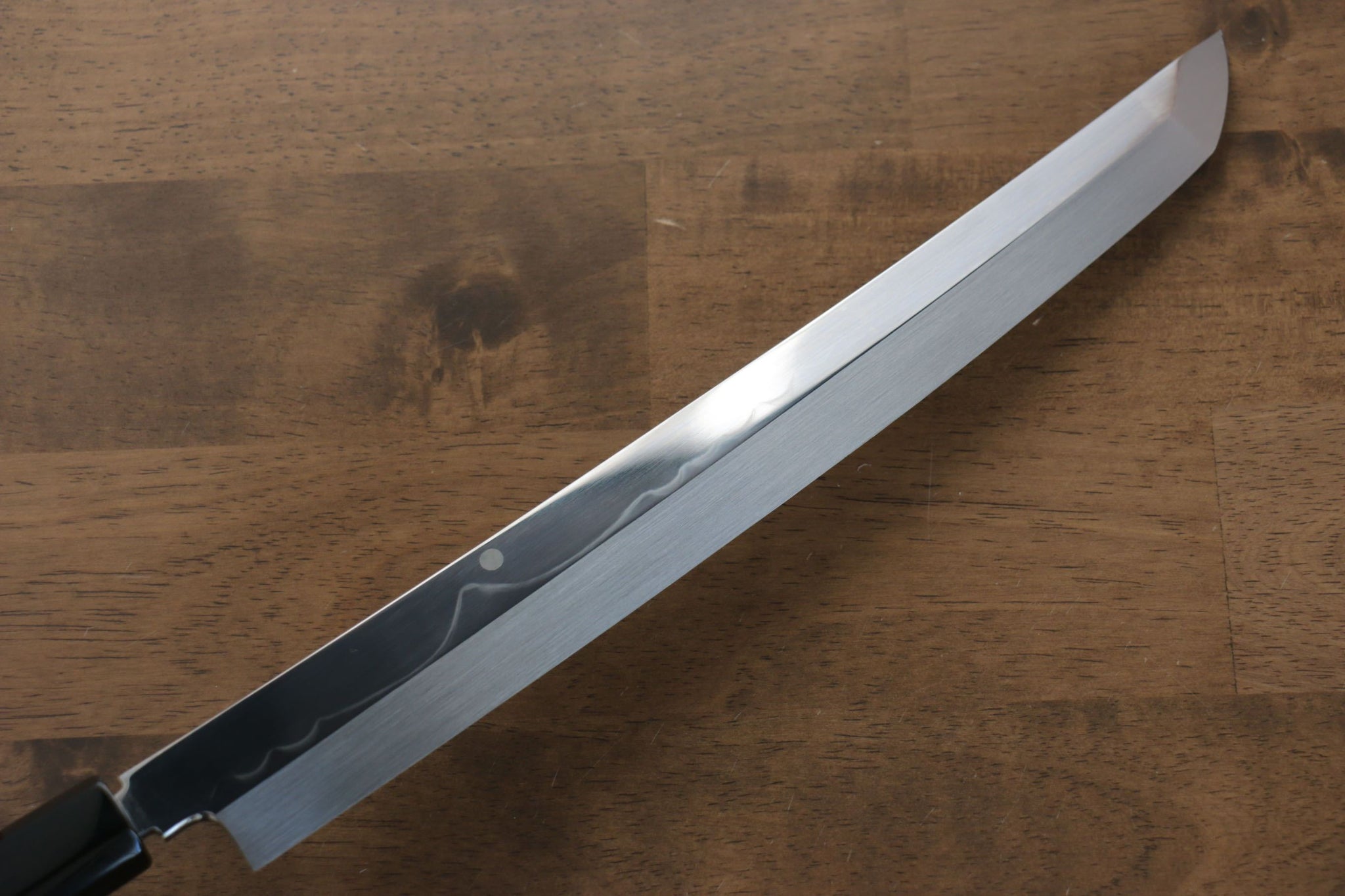 堺 孝行 富士山 本焼 白ニ鋼 鏡面仕上げ 先丸柳刃包丁  300mm リング付き黒檀柄 鞘付き - 清助刃物