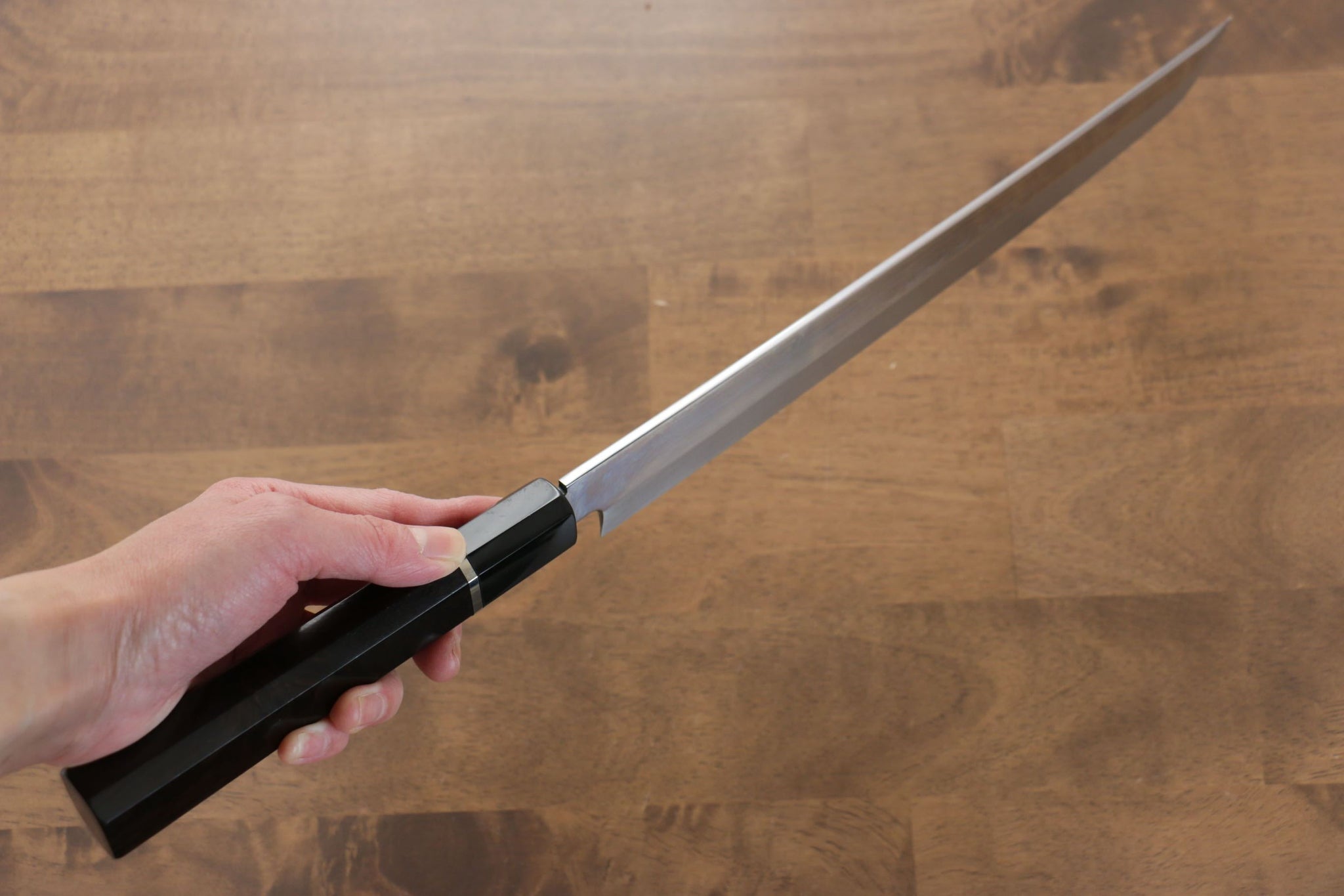 堺 孝行 富士山 本焼 白ニ鋼 鏡面仕上げ 先丸柳刃包丁  300mm リング付き黒檀柄 鞘付き - 清助刃物