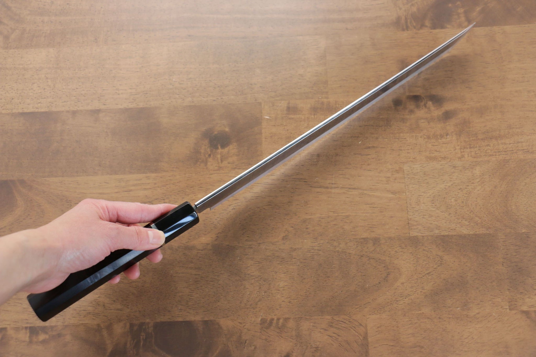 堺 孝行 富士山 本焼 白ニ鋼 鏡面仕上げ 先丸柳刃包丁  300mm リング付き黒檀柄 鞘付き - 清助刃物