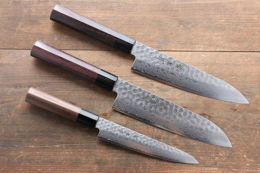 Sakai Takayuki 45 Layer Damascus Japanese Chef's Gyuto, Santoku & Petty Knife with Shitan Handle Set - 清助刃物