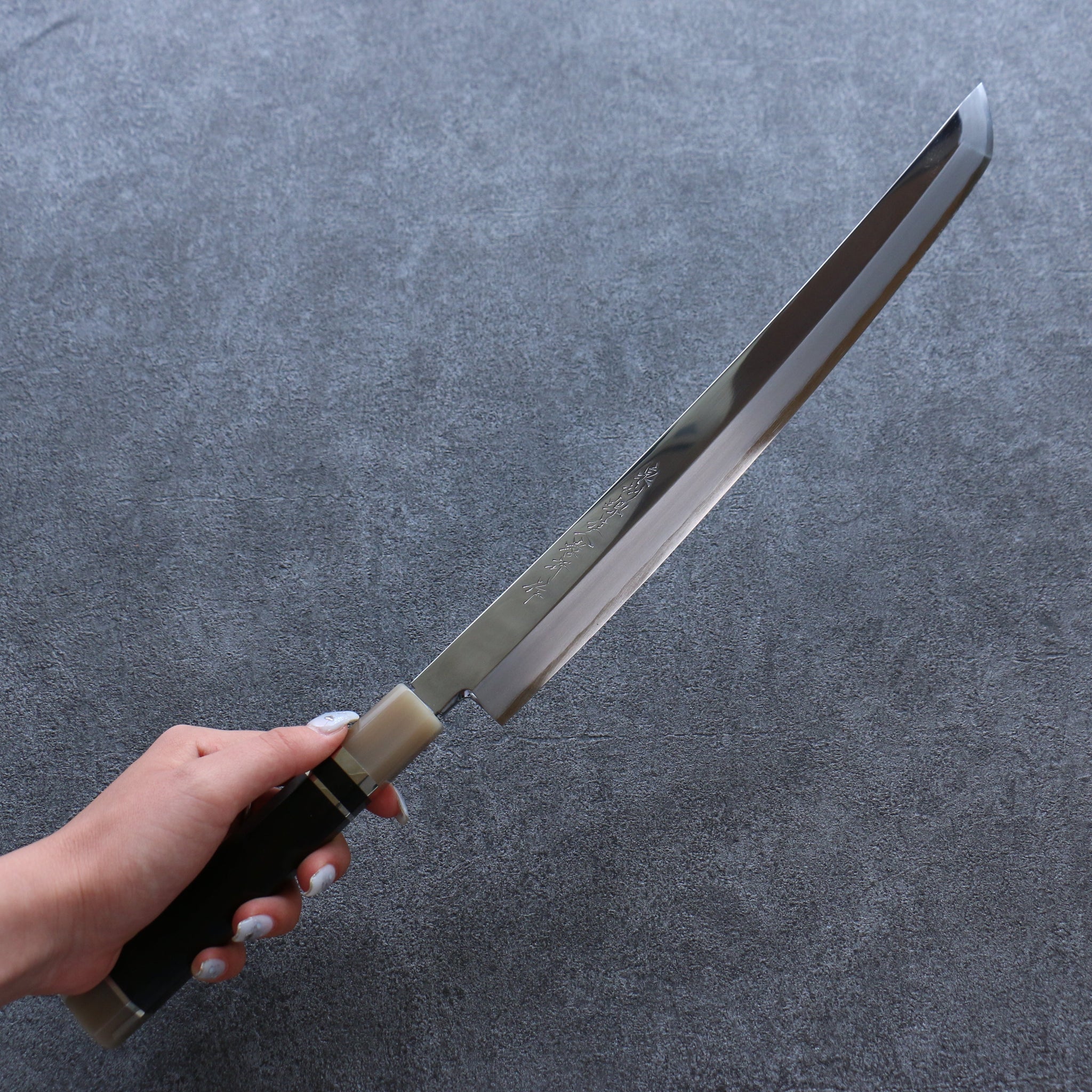 堺 孝行 斬月 銀三鋼 鏡面仕上げ 先丸柳刃包丁  330mm 黒檀柄 鞘付き - 清助刃物