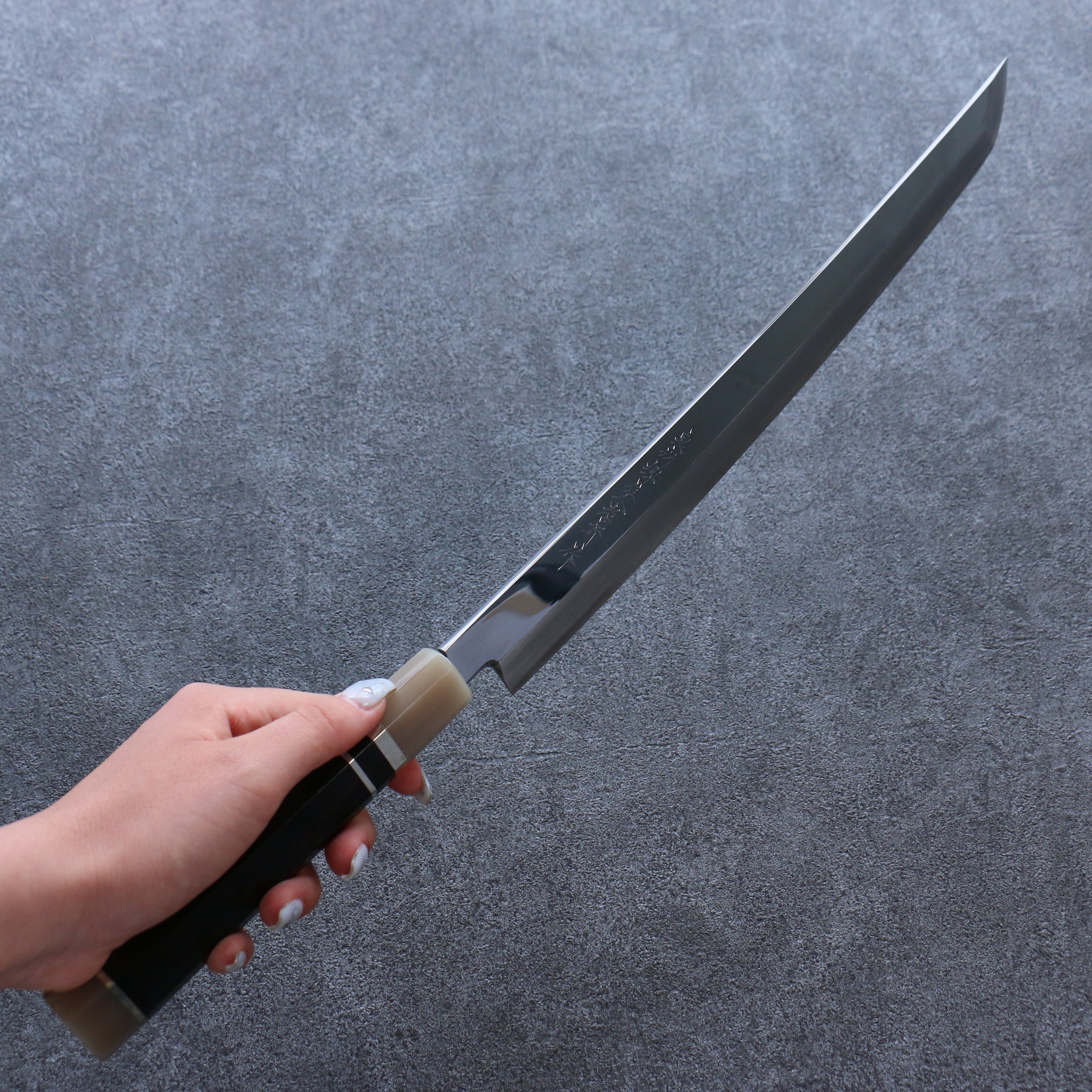 堺 孝行 斬月 銀三鋼 鏡面仕上げ 先丸柳刃包丁  330mm 黒檀柄 鞘付き - 清助刃物