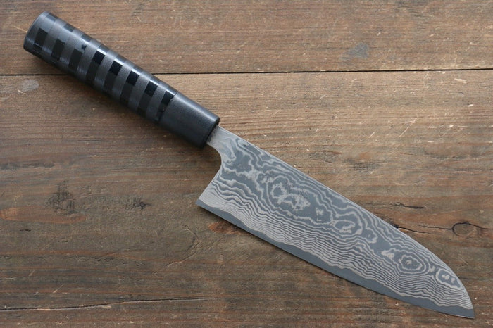 佐治 武士 V金10号 黒ダマスカス 三徳包丁 和包丁 175mm カシュー塗料 (黒色)柄