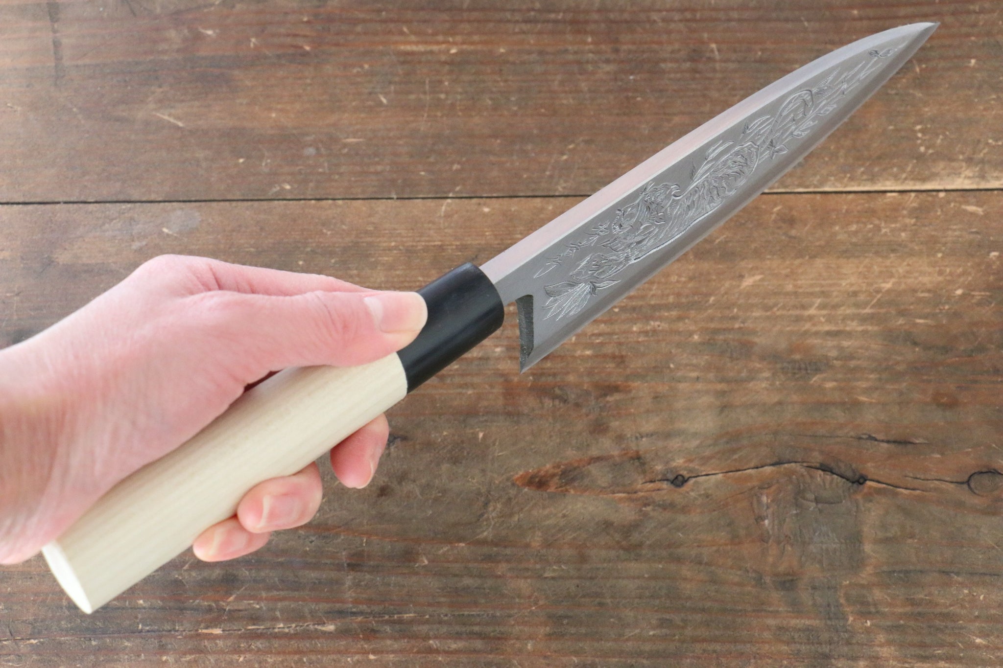 堺 孝行 霞研 白鋼 虎視眈々の彫刻入り 出刃包丁 - 清助刃物