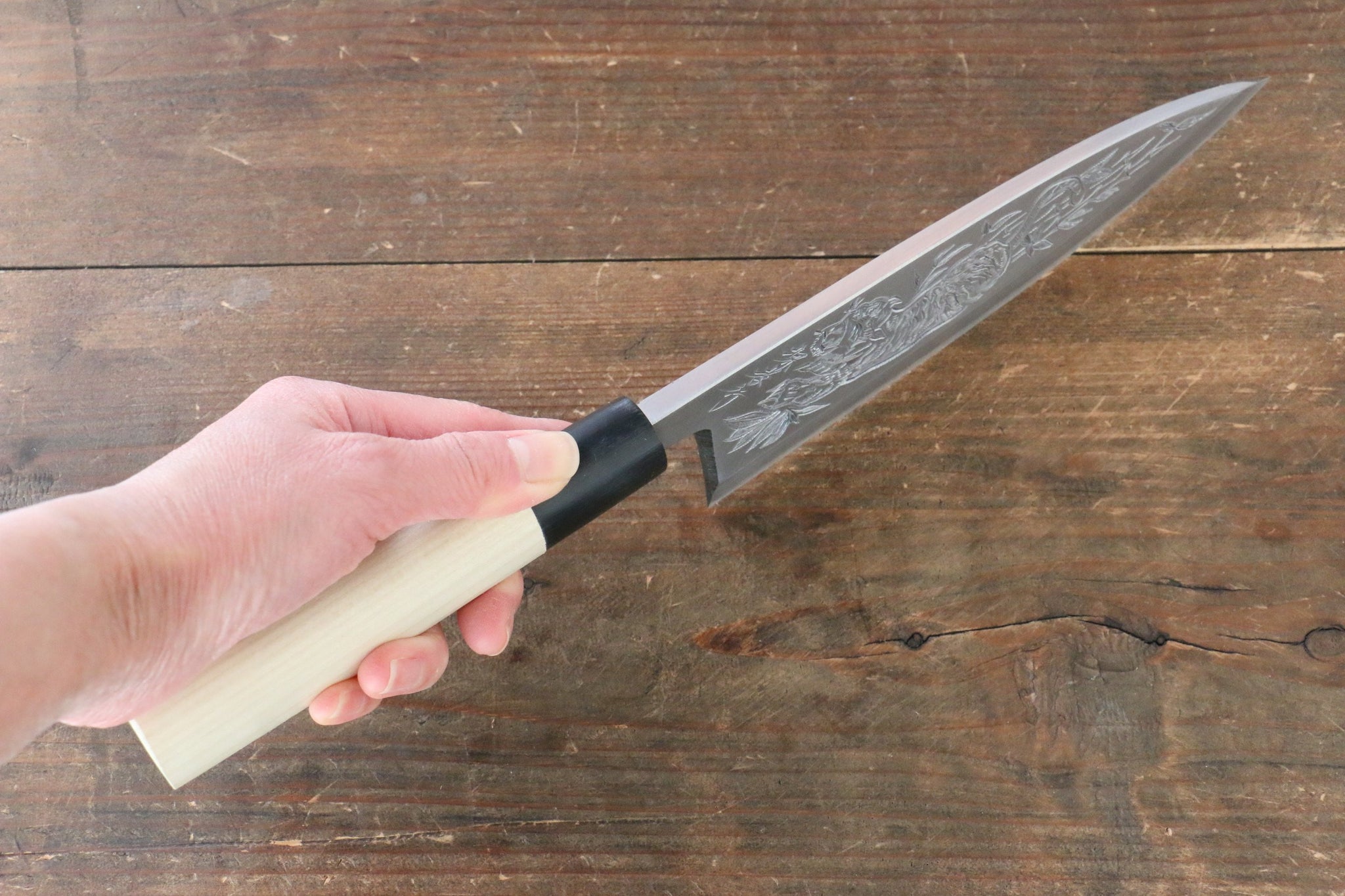 堺 孝行 霞研 白鋼 虎視眈々の彫刻入り 出刃包丁 - 清助刃物