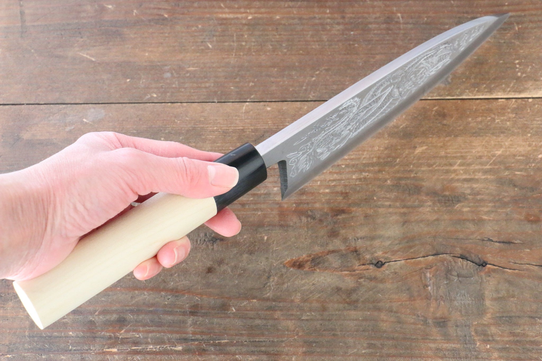 堺 孝行 霞研 白鋼 一登竜門の彫刻入り 出刃包丁 - 清助刃物