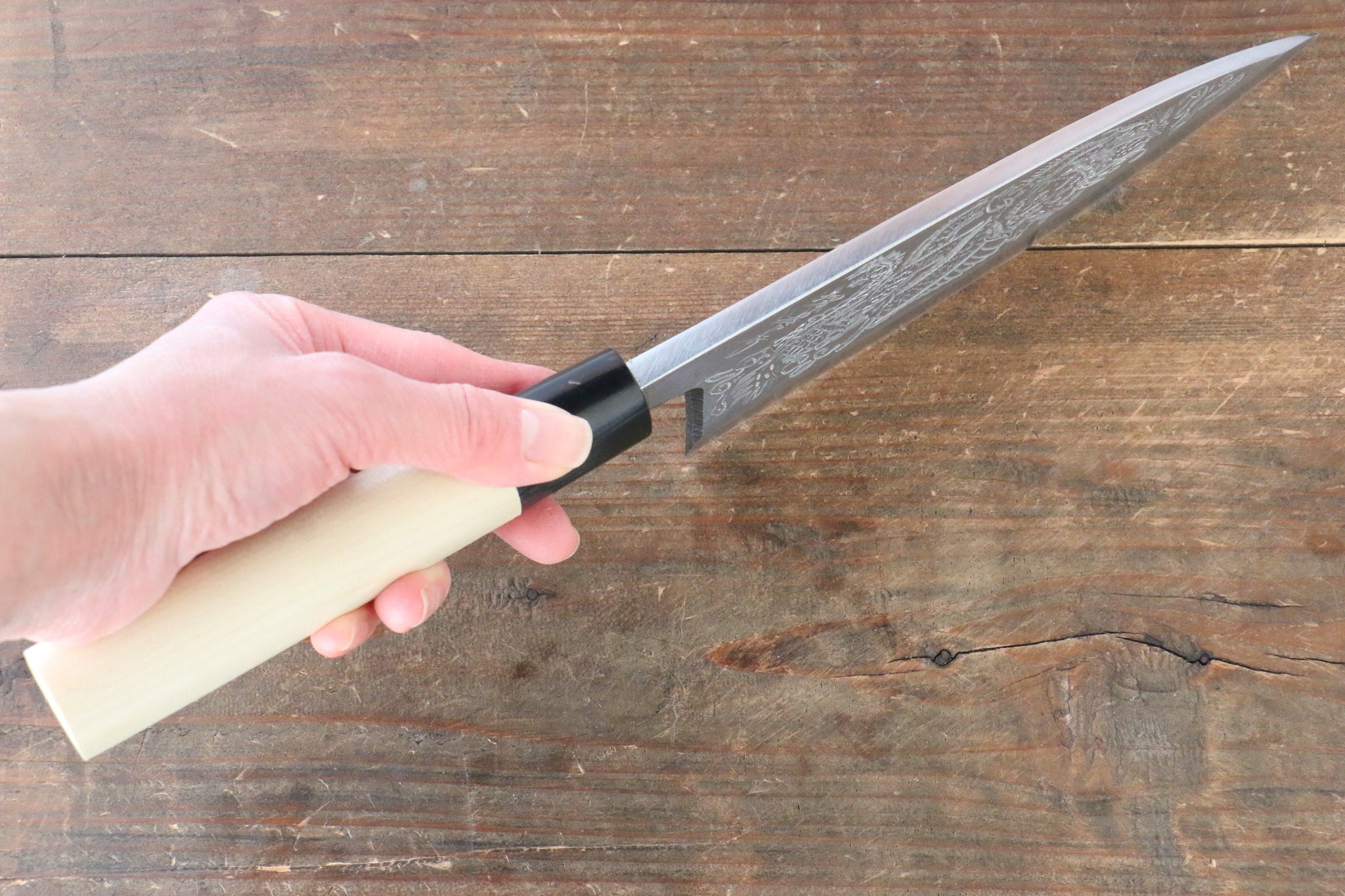 堺 孝行 霞研 白鋼 一登竜門の彫刻入り 出刃包丁 - 清助刃物