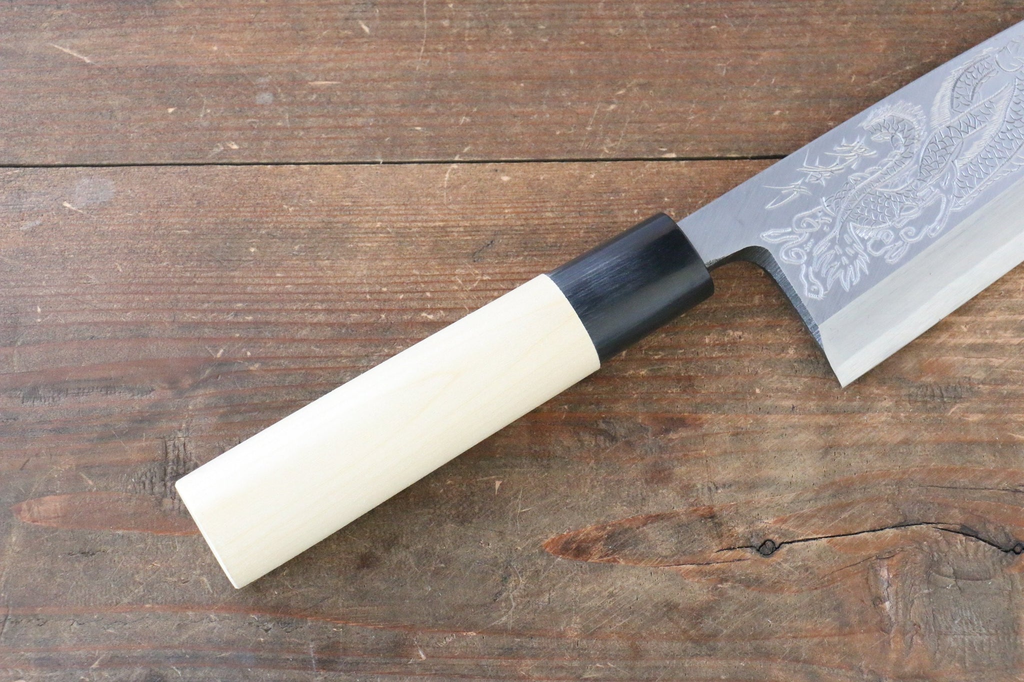 堺 孝行 霞研 白鋼 一登竜門の彫刻入り 出刃包丁 - 清助刃物