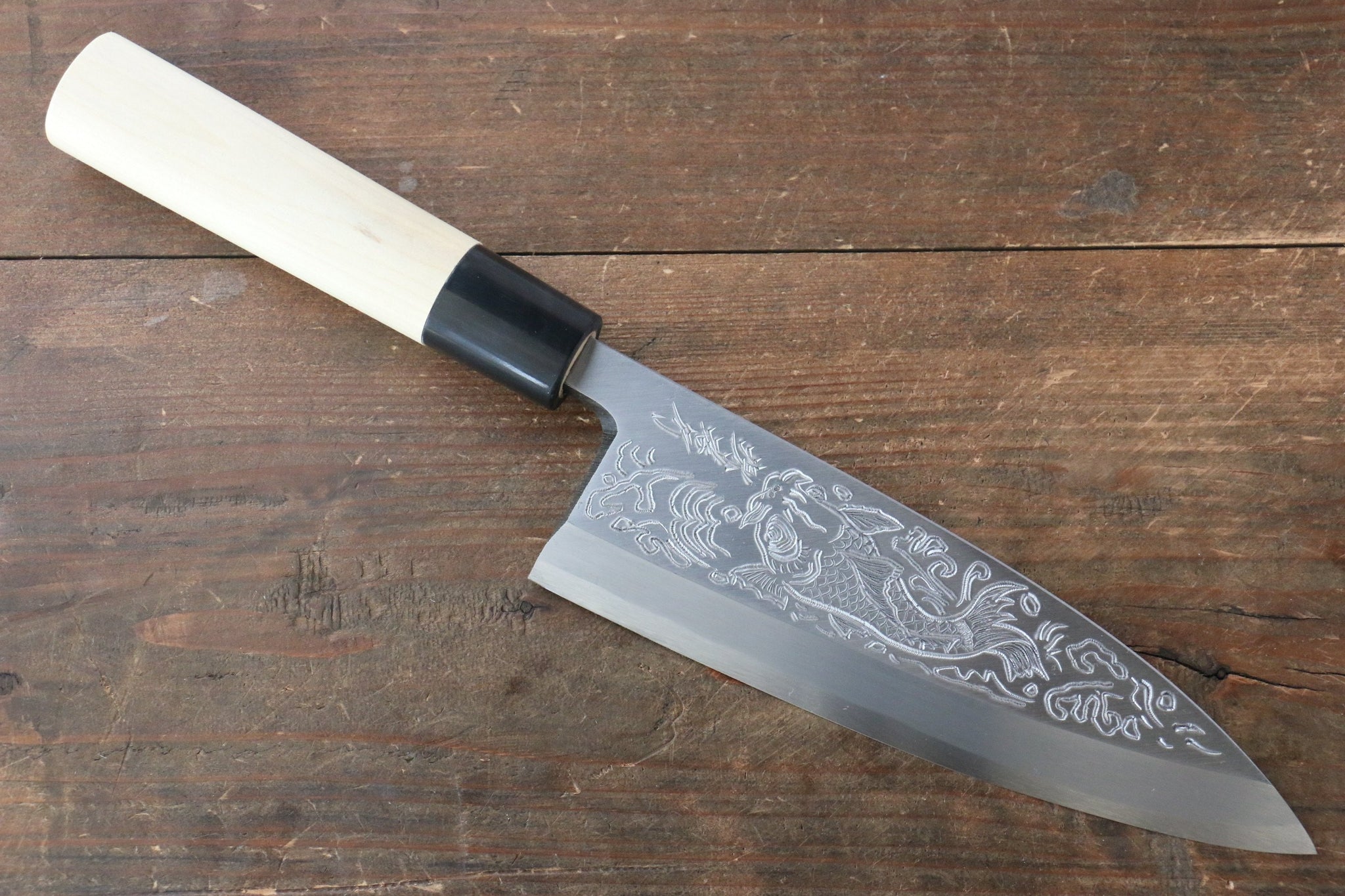 堺 孝行 霞研 白鋼 俎上の鯉の彫刻入り 出刃包丁 - 清助刃物