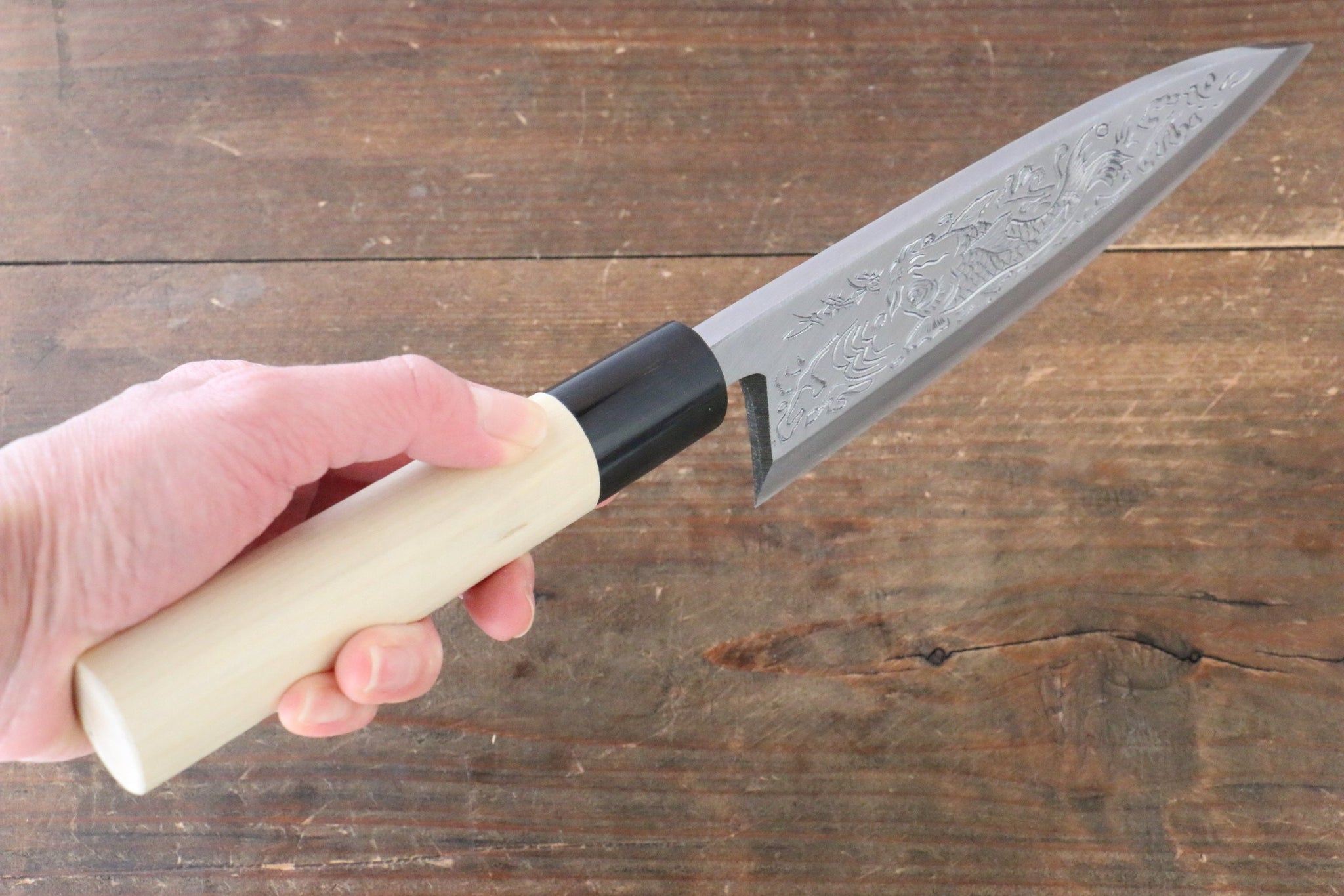 堺 孝行 霞研 白鋼 俎上の鯉の彫刻入り 出刃包丁 - 清助刃物