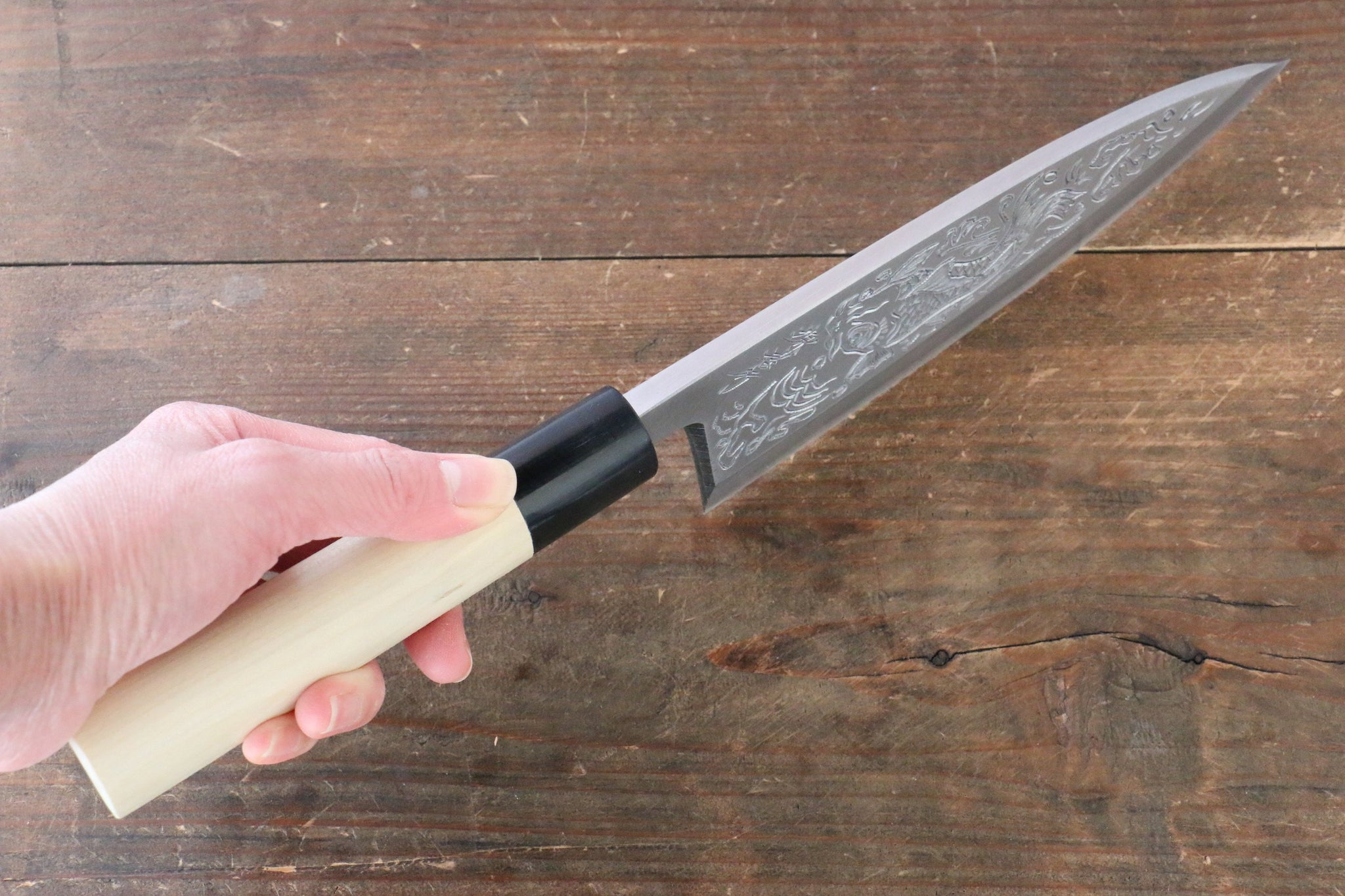 堺 孝行 霞研 白鋼 俎上の鯉の彫刻入り 出刃包丁 - 清助刃物