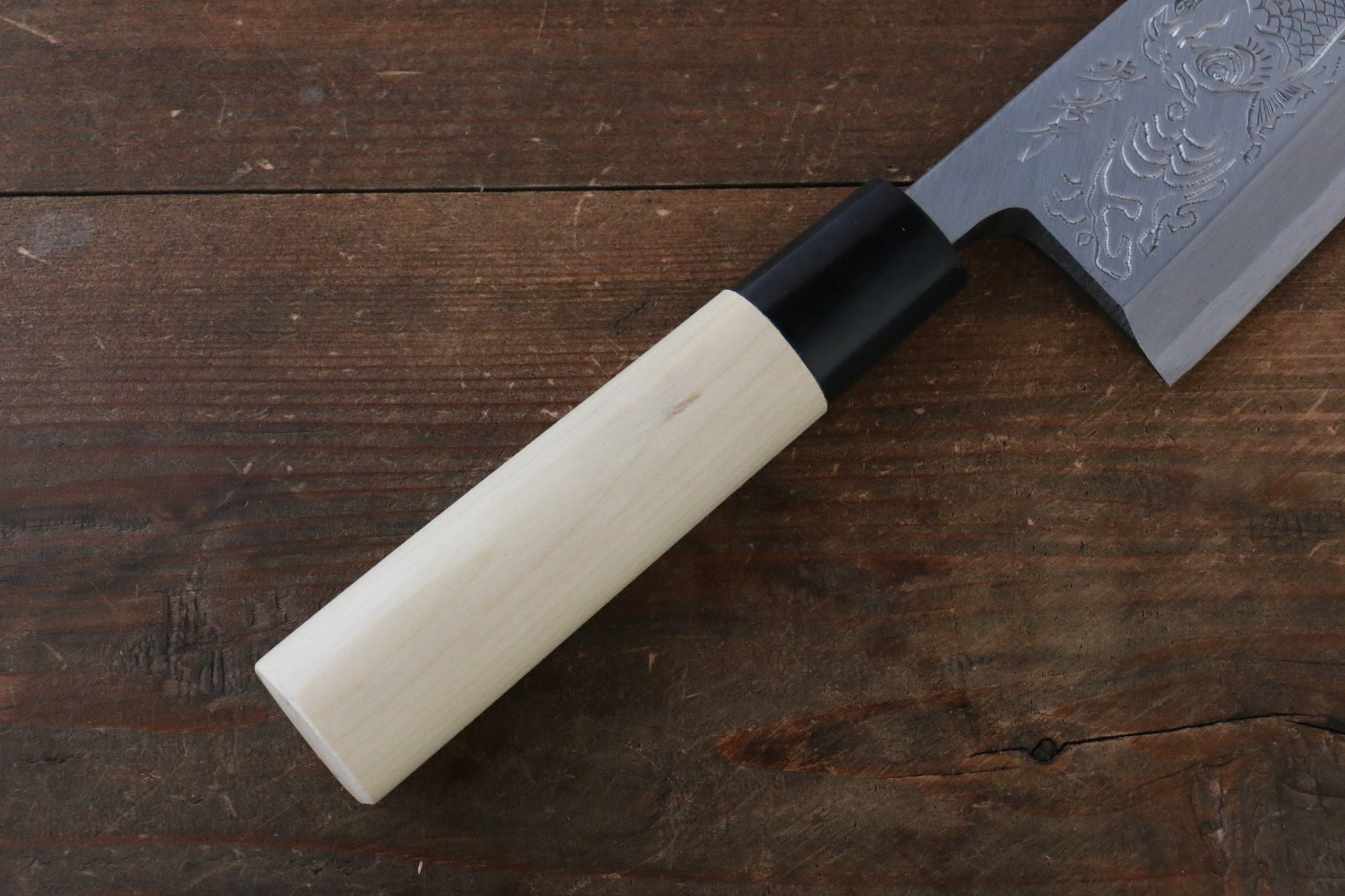 堺 孝行 霞研 白鋼 俎上の鯉の彫刻入り 出刃包丁 - 清助刃物