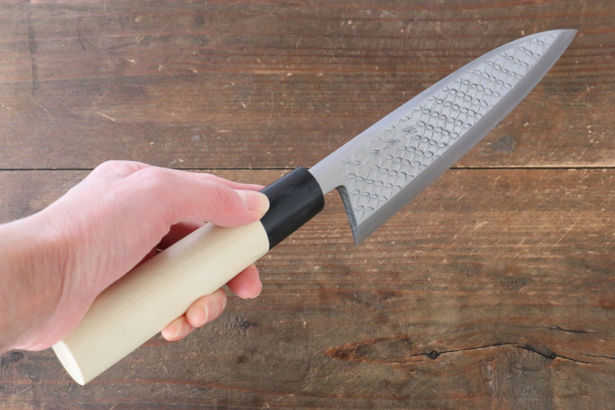 堺 孝行 霞研 白鋼 七宝の彫刻入り 出刃包丁 - 清助刃物