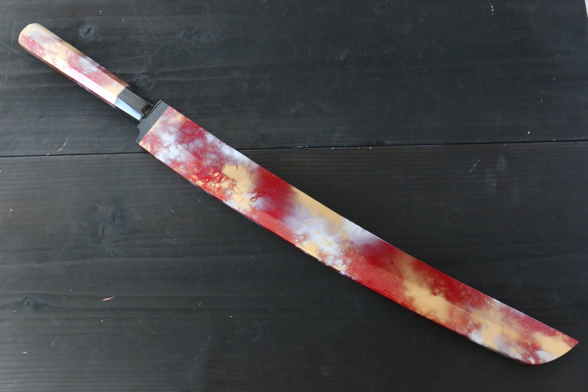 堺 孝行 凛華 銀三鋼 鏡面仕上げ 先丸蛸引包丁  390mm 漆塗り柄 鞘付き - 清助刃物