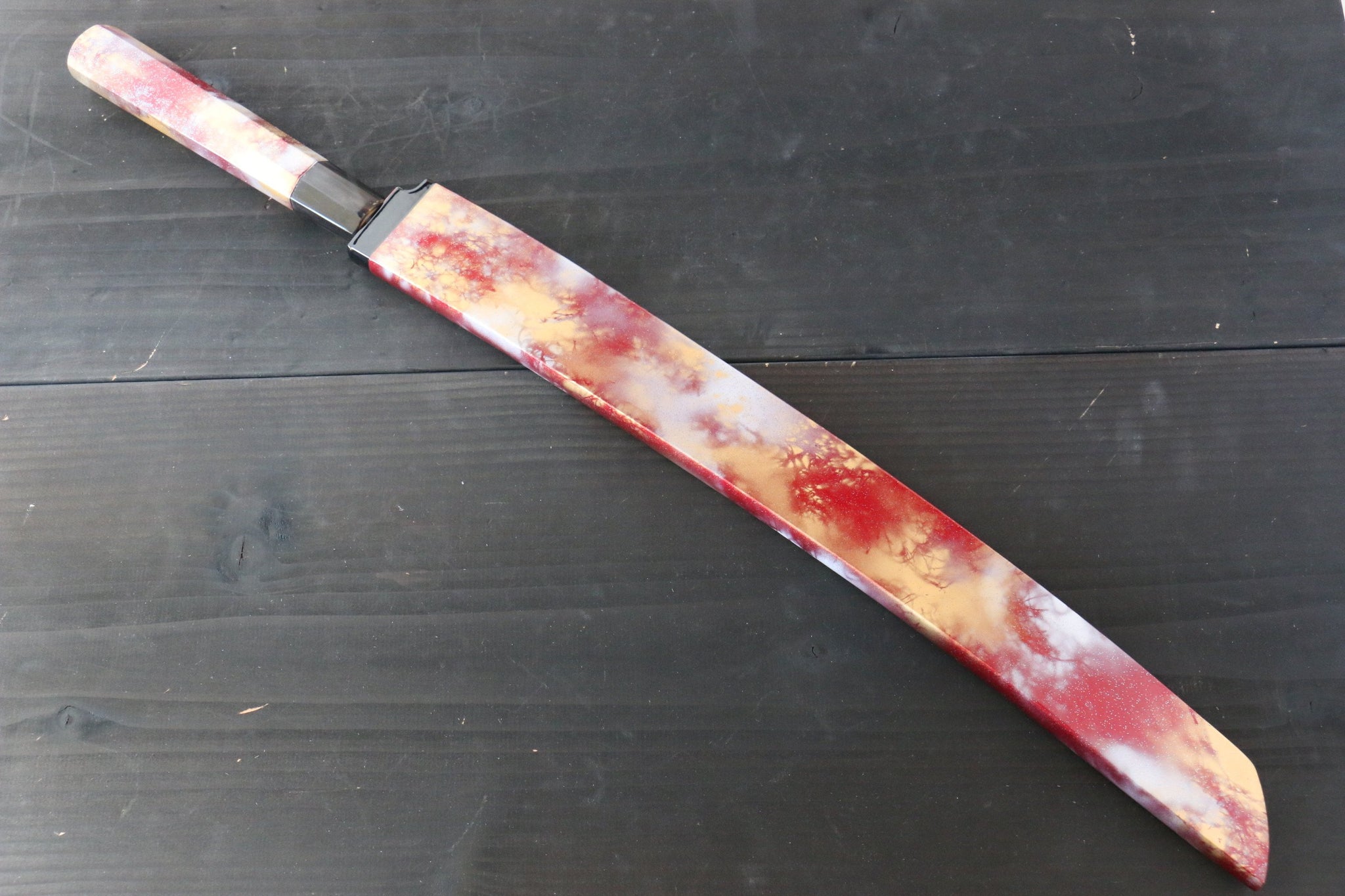 堺 孝行 凛華 銀三鋼 鏡面仕上げ 先丸蛸引包丁  390mm 漆塗り柄 鞘付き - 清助刃物