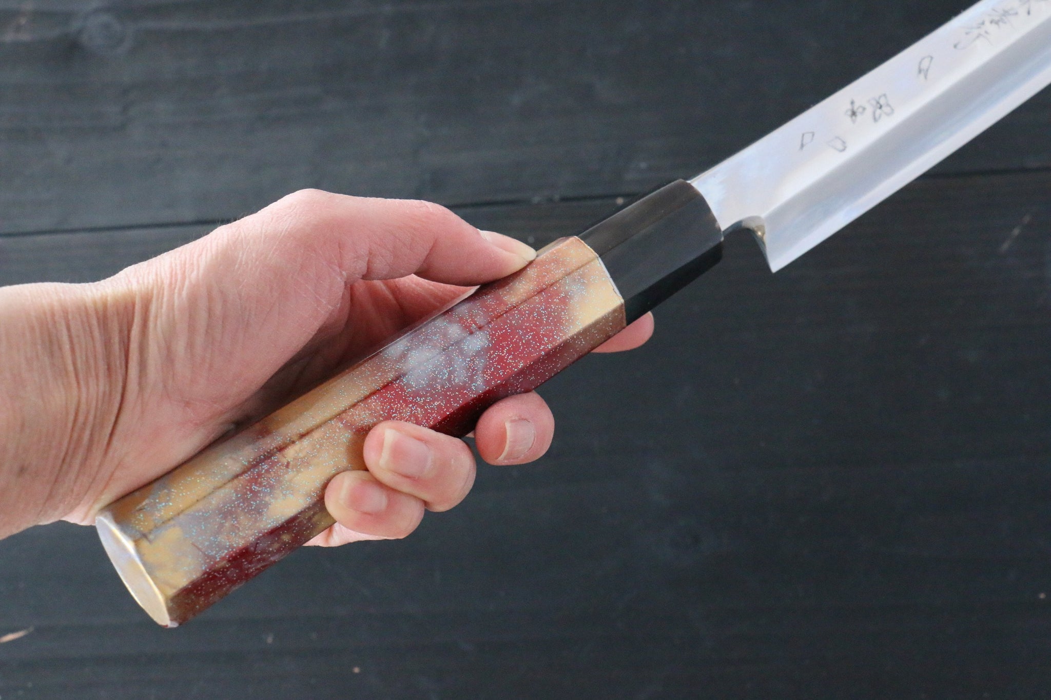 堺 孝行 凛華 銀三鋼 鏡面仕上げ 先丸蛸引包丁  390mm 漆塗り柄 鞘付き - 清助刃物