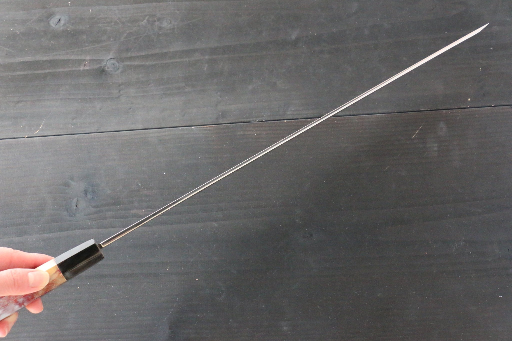 堺 孝行 凛華 銀三鋼 鏡面仕上げ 先丸蛸引包丁  390mm 漆塗り柄 鞘付き - 清助刃物