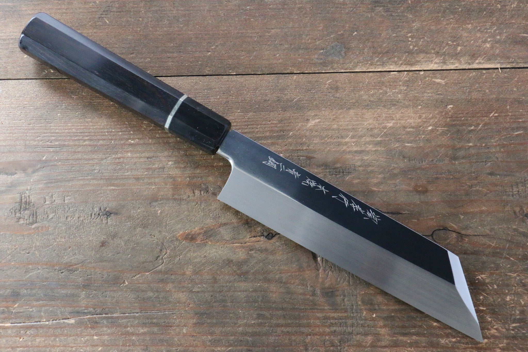 堺 孝行 本焼 青ニ鋼 鏡面仕上げ ムキ物包丁 180mm リング付き黒檀柄  鞘付き - 清助刃物