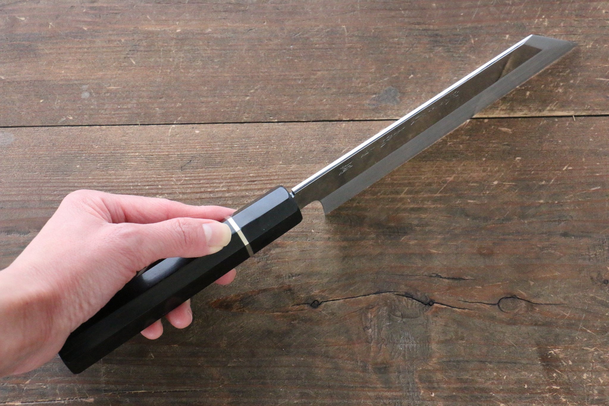 堺 孝行 本焼 青ニ鋼 鏡面仕上げ ムキ物包丁 180mm リング付き黒檀柄  鞘付き - 清助刃物