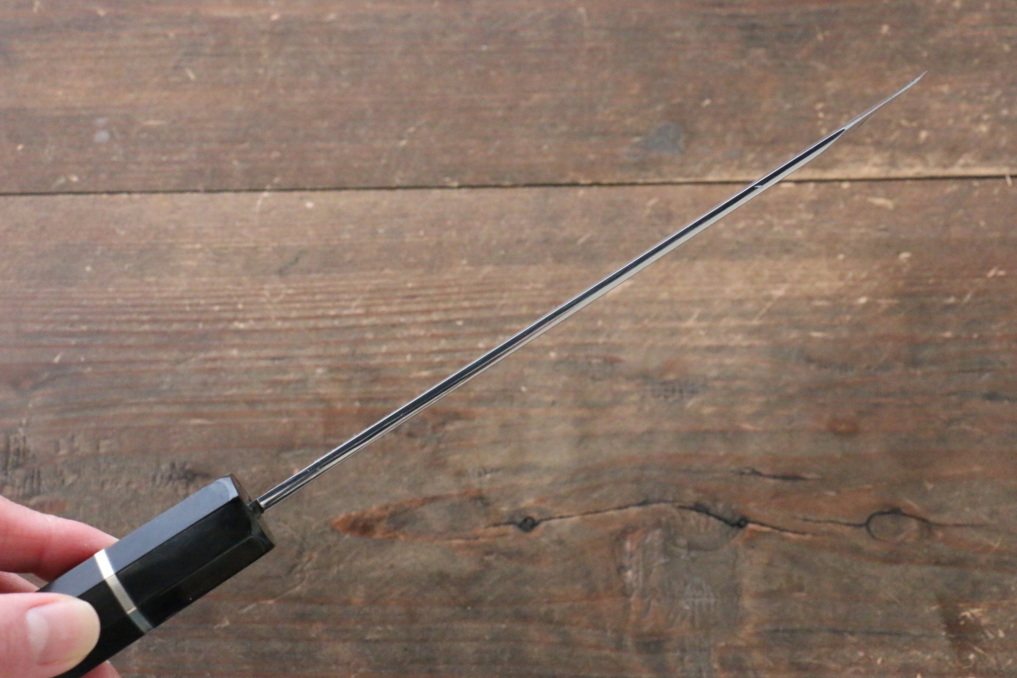 堺 孝行 本焼 青ニ鋼 鏡面仕上げ ムキ物包丁 180mm リング付き黒檀柄  鞘付き - 清助刃物