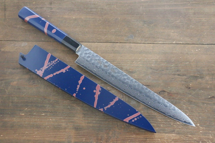 堺 孝行 AUS-10 45層 ダマスカス 鎚目 筋引包丁 240mm 青漆塗り柄  鞘付き