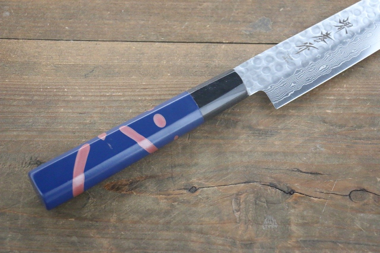 堺 孝行 AUS-10 45層 ダマスカス 鎚目 筋引包丁 240mm 青漆塗り柄  鞘付き - 清助刃物