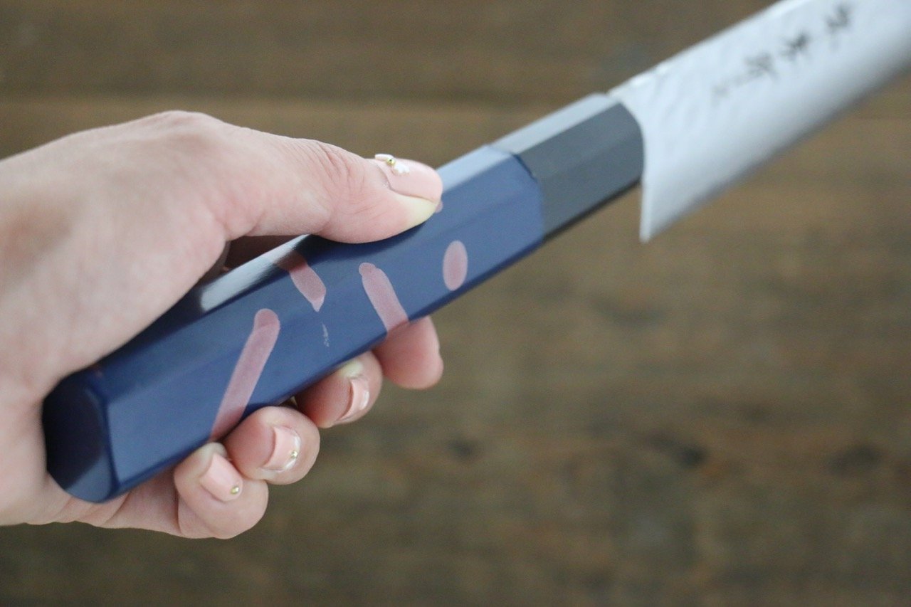 堺 孝行 AUS-10 45層 ダマスカス 鎚目 筋引包丁 240mm 青漆塗り柄  鞘付き - 清助刃物