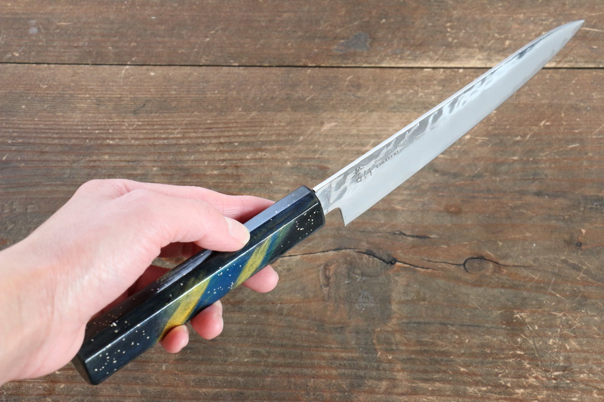 堺 孝行 V金10号 33層ダマスカス ペティーナイフ  150mm 樫の木漆塗り(彩石)柄 - 清助刃物