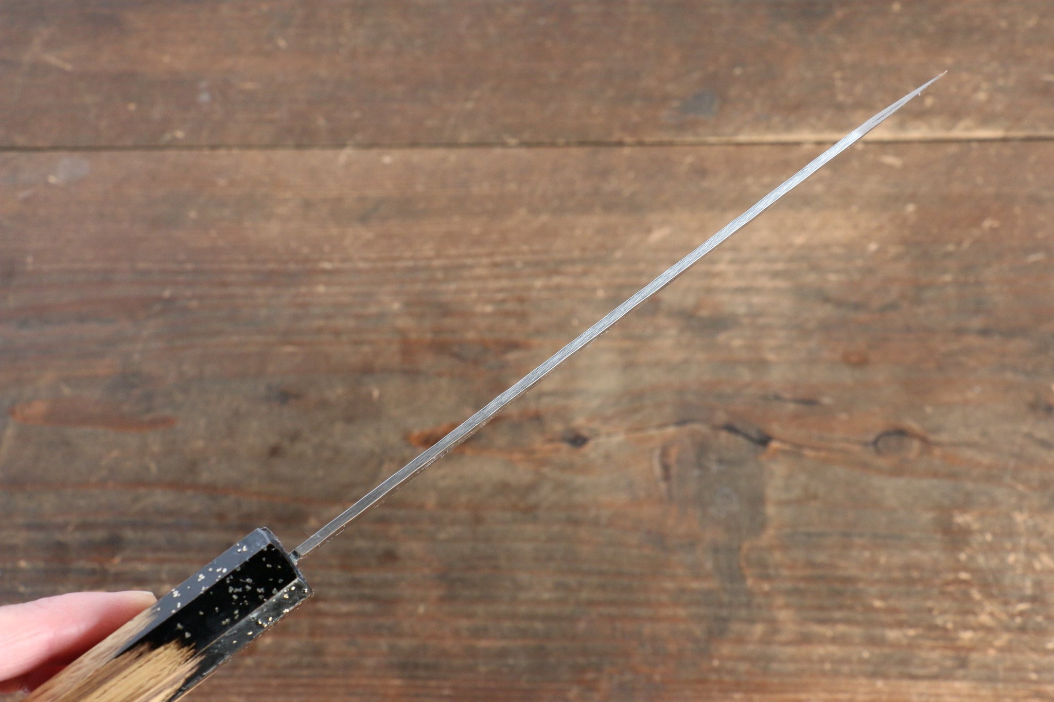 堺 孝行 V金10号 33層ダマスカス 剣型三徳包丁  160mm 樫の木漆塗り(黒伸)柄 - 清助刃物