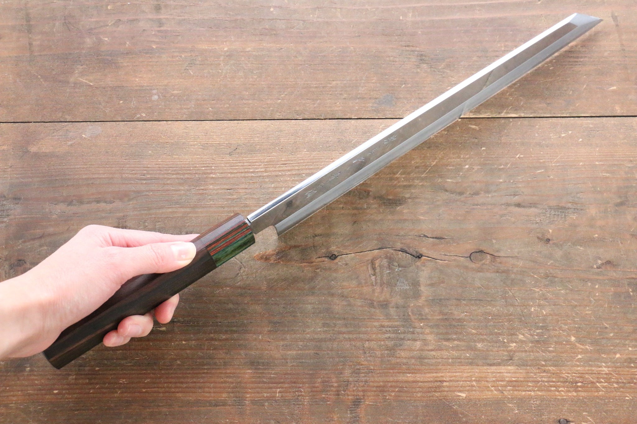 堺 孝行 青ニ鋼 鏡面仕上げ 切付柳刃包丁  300mm ウォルナット柄 鞘付き - 清助刃物