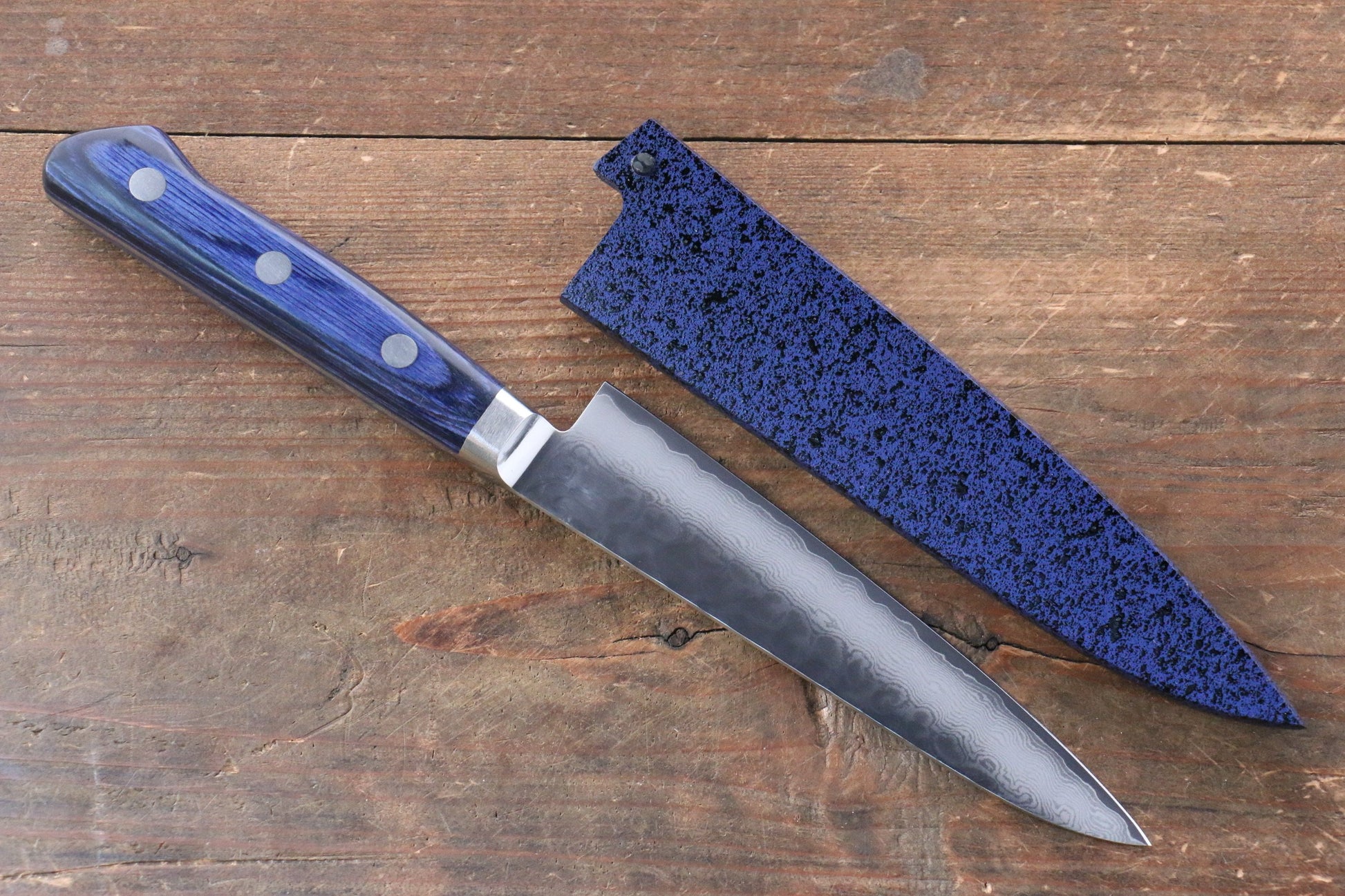 清助 青雲 VG10 33層 ダマスカス ペティーナイフ  135mm 青合板柄 鞘付き - 清助刃物